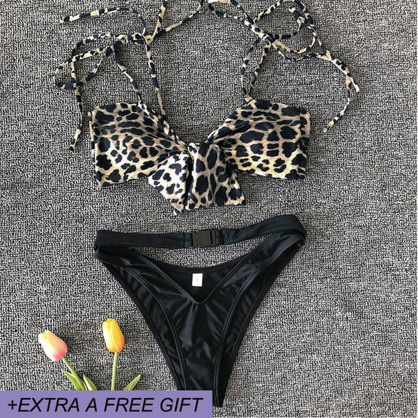 Bikinis Leopard Print Two Piece Swimsuit Women Bandage Swimwear Swimming Suit Female Sexy High Waist Belt Bathing Suit Biquini