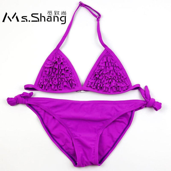 Ms.Shang Solid 6-16 Years Girls Child Swimsuit Ruffle Teenage Girl Bikini Halter Top Children Swimwear Kids Swimming Suits 2019
