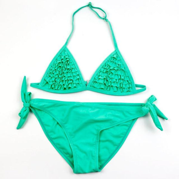 Ms.Shang Solid 6-16 Years Girls Child Swimsuit Ruffle Teenage Girl Bikini Halter Top Children Swimwear Kids Swimming Suits 2019