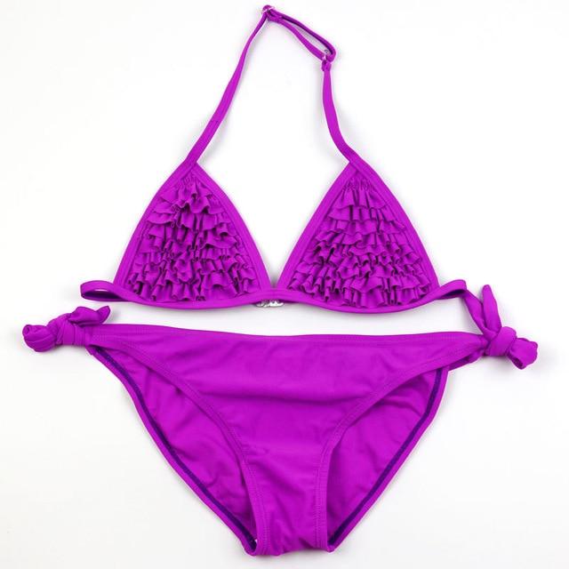 Ms.Shang Solid 6-16 Years Girls Child Swimsuit Ruffle Teenage Girl Bikini Halter Top Children Swimwear Kids Swimming Suits 2019