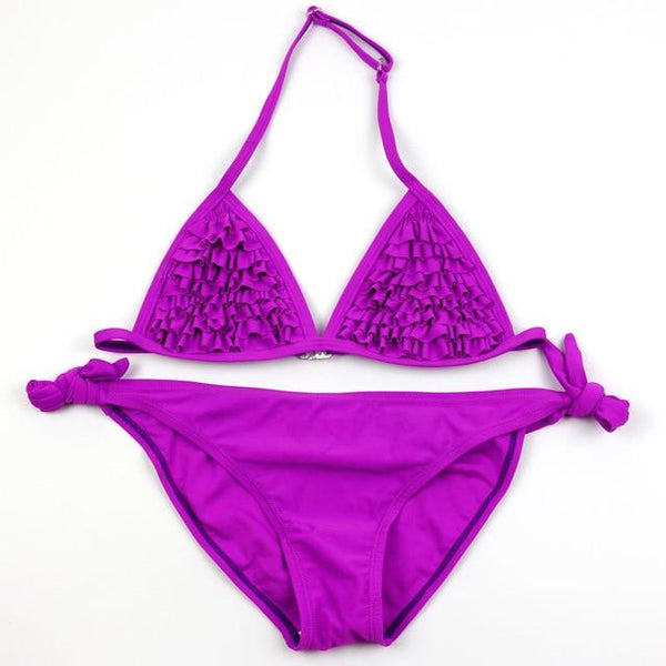 Ms.Shang Solid 6-16 Years Girls Child Swimsuit Ruffle Teenage Girl Bikini Halter Top Children Swimwear Kids Swimming Suits 2019
