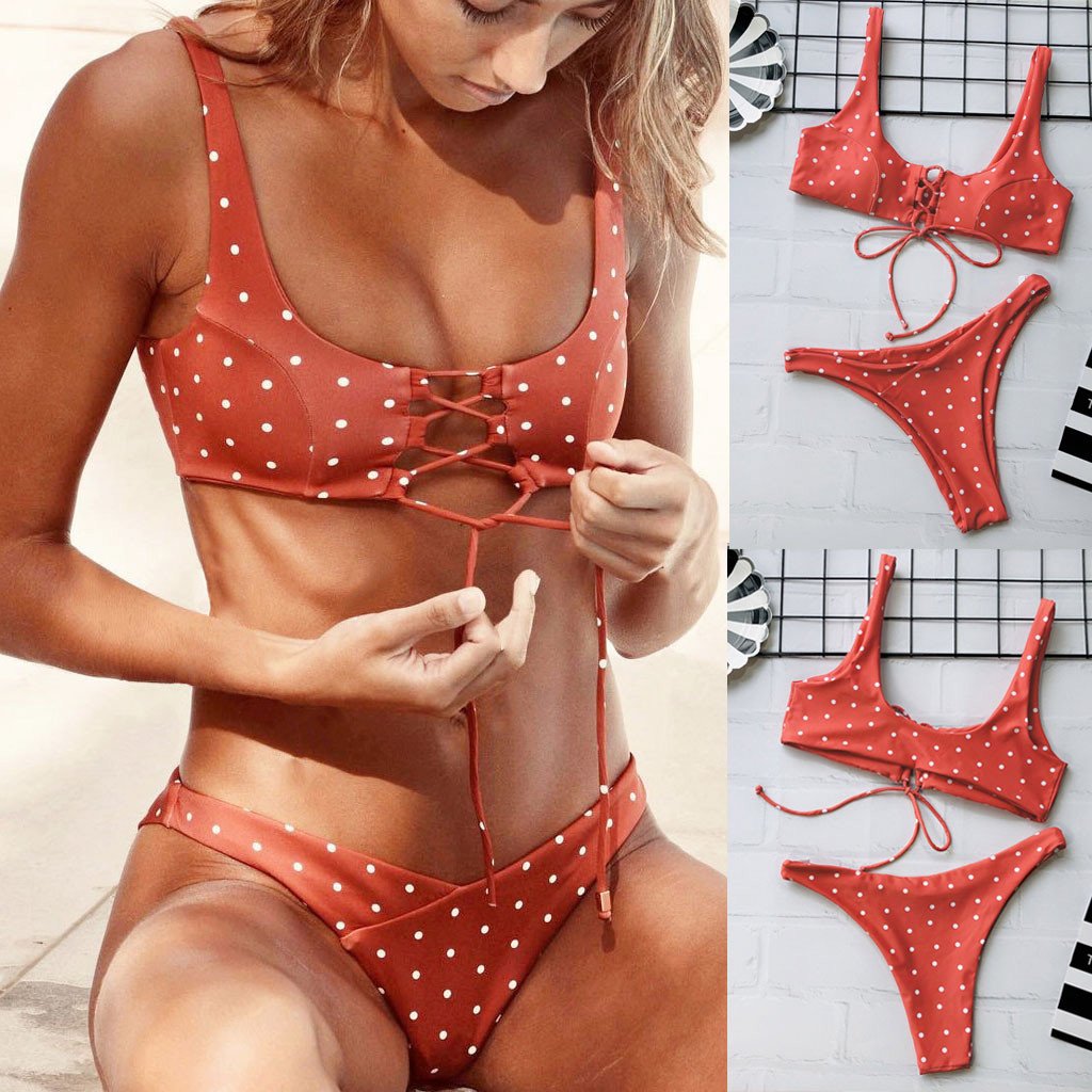 bikini 2019 Women Sexy Dot Printed Bandage Bikini Set Push-Up Padded Beach Swimwear swimming suit for women maillot de bain #F