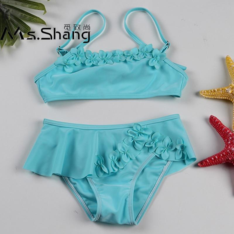 2-12 Years Infant Girl Bikini Solid Girl Swimsuit Kids Swimwear Flower Two Piece Children's Swimwear Falbala Baby Swimming Suit