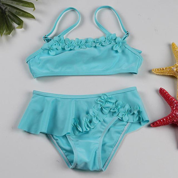 2-12 Years Infant Girl Bikini Solid Girl Swimsuit Kids Swimwear Flower Two Piece Children's Swimwear Falbala Baby Swimming Suit