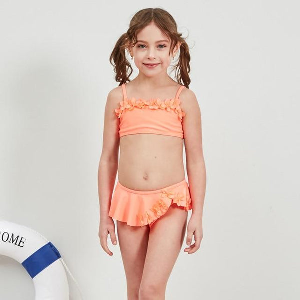 2-12 Years Infant Girl Bikini Solid Girl Swimsuit Kids Swimwear Flower Two Piece Children's Swimwear Falbala Baby Swimming Suit