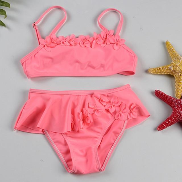2-12 Years Infant Girl Bikini Solid Girl Swimsuit Kids Swimwear Flower Two Piece Children's Swimwear Falbala Baby Swimming Suit