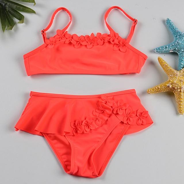 2-12 Years Infant Girl Bikini Solid Girl Swimsuit Kids Swimwear Flower Two Piece Children's Swimwear Falbala Baby Swimming Suit