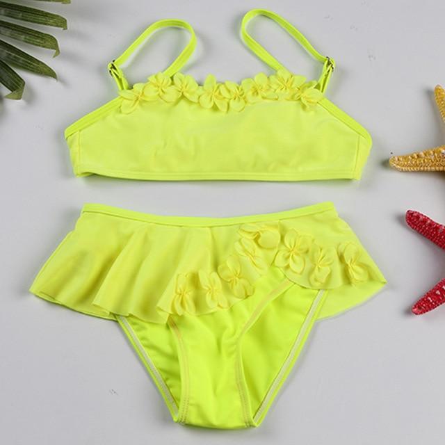 2-12 Years Infant Girl Bikini Solid Girl Swimsuit Kids Swimwear Flower Two Piece Children's Swimwear Falbala Baby Swimming Suit
