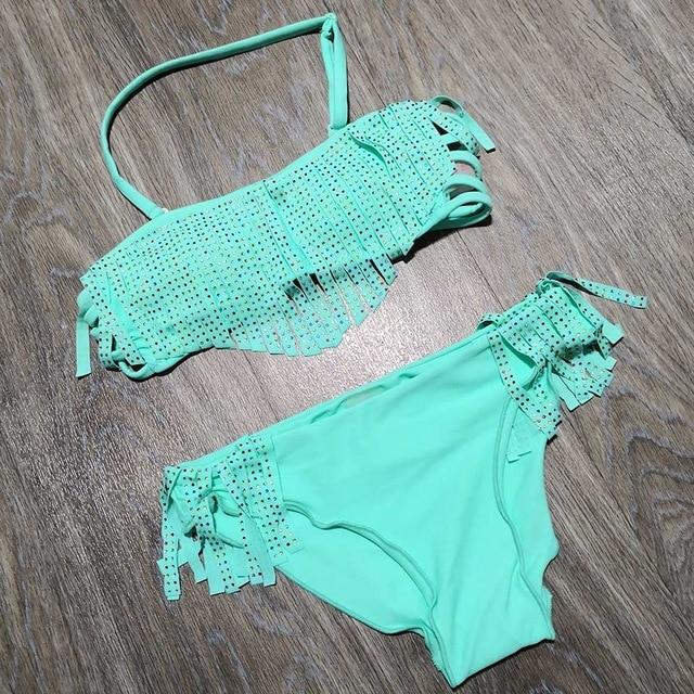 7-16 Years Tassel Child Girl Bikini Kids Swimsuit Two Piece Children Swimwear Solid Teenager Girl Bathing Suit Fringe Swim Wear