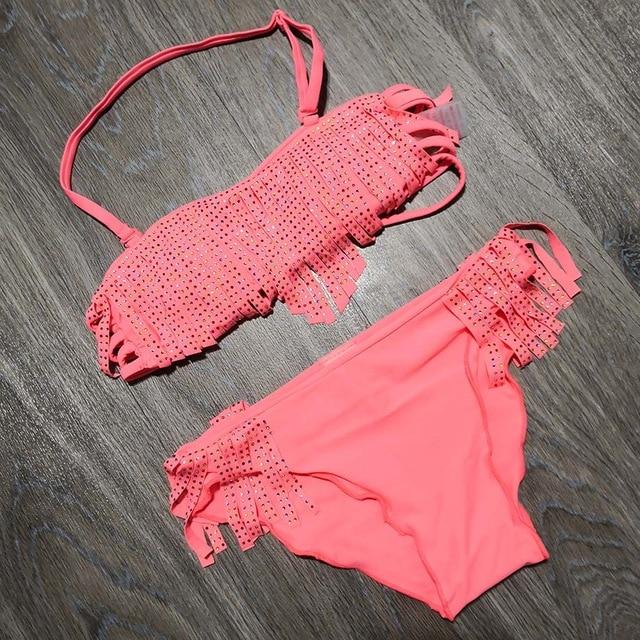 7-16 Years Tassel Child Girl Bikini Kids Swimsuit Two Piece Children Swimwear Solid Teenager Girl Bathing Suit Fringe Swim Wear