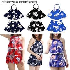 Women Two-piece Swimming Bikini Set Fashionable Padded Split Print Boxer Skirt Swimsuit Fresh Halter Swimwear Bathing Suit