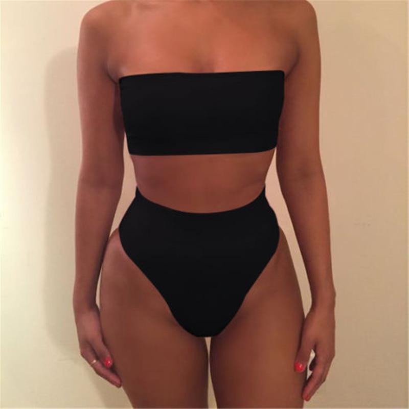 2018 Sexy Women Bikini Set Solid Strapless Bra High Waist Briefs Triangle Summer Swimsuit Swimwear Bathing Suit Swimming Costume