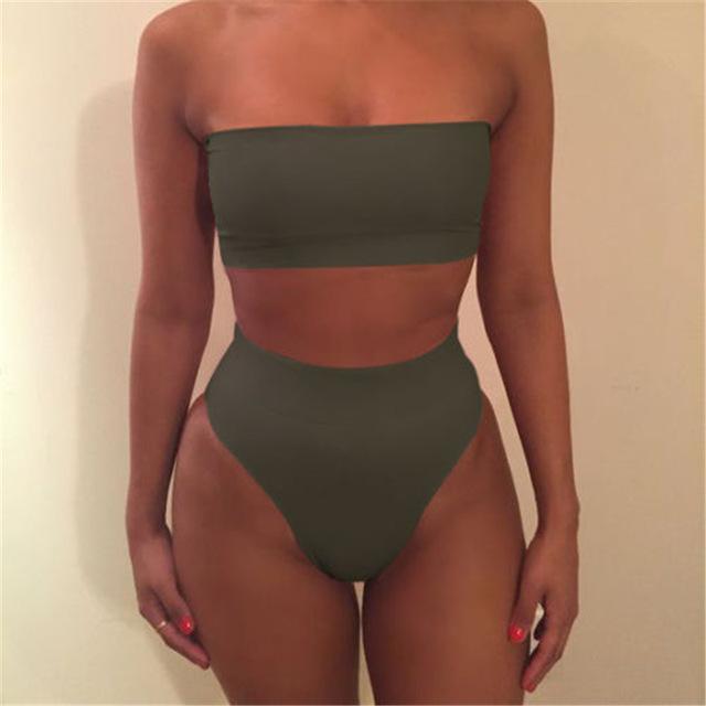 2018 Sexy Women Bikini Set Solid Strapless Bra High Waist Briefs Triangle Summer Swimsuit Swimwear Bathing Suit Swimming Costume