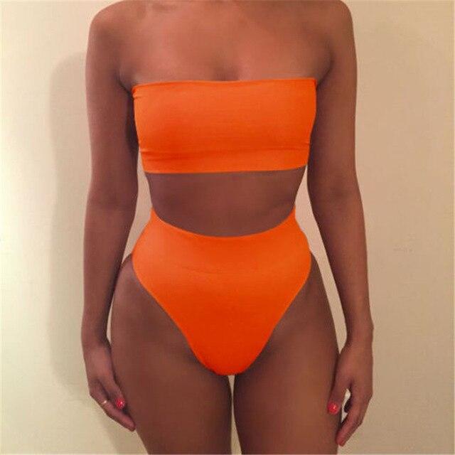 2018 Sexy Women Bikini Set Solid Strapless Bra High Waist Briefs Triangle Summer Swimsuit Swimwear Bathing Suit Swimming Costume