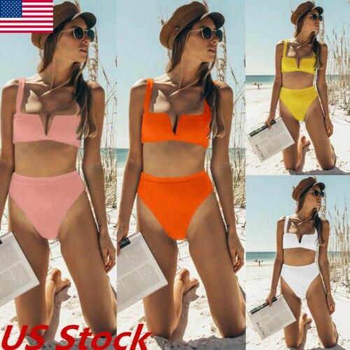 Women High Waist Two Piece Swimming Bikini Set Ladies Summer Sexy Solid Color Push Up Padded Swimsuit Beachwear Swimwear Bathing