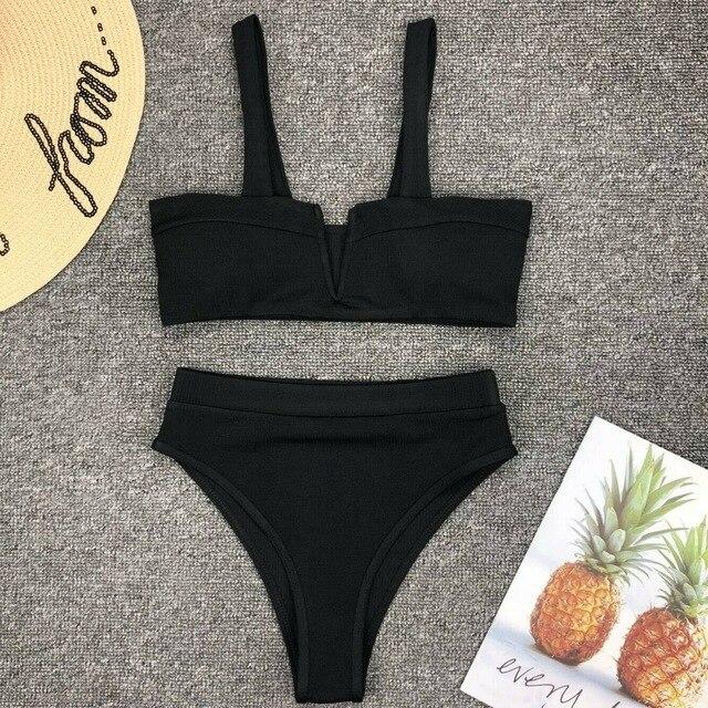 Women High Waist Two Piece Swimming Bikini Set Ladies Summer Sexy Solid Color Push Up Padded Swimsuit Beachwear Swimwear Bathing