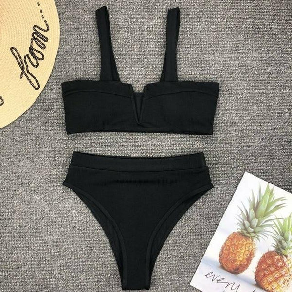 Women High Waist Two Piece Swimming Bikini Set Ladies Summer Sexy Solid Color Push Up Padded Swimsuit Beachwear Swimwear Bathing