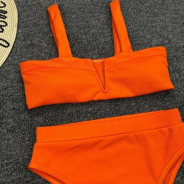 Women High Waist Two Piece Swimming Bikini Set Ladies Summer Sexy Solid Color Push Up Padded Swimsuit Beachwear Swimwear Bathing