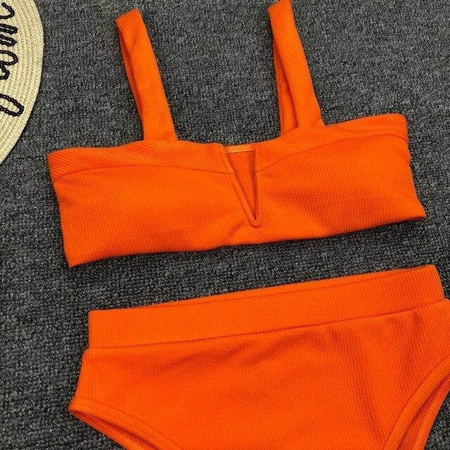 Women High Waist Two Piece Swimming Bikini Set Ladies Summer Sexy Solid Color Push Up Padded Swimsuit Beachwear Swimwear Bathing