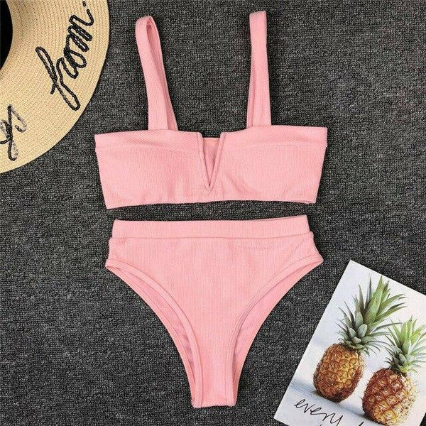 Women High Waist Two Piece Swimming Bikini Set Ladies Summer Sexy Solid Color Push Up Padded Swimsuit Beachwear Swimwear Bathing