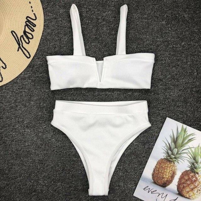Women High Waist Two Piece Swimming Bikini Set Ladies Summer Sexy Solid Color Push Up Padded Swimsuit Beachwear Swimwear Bathing