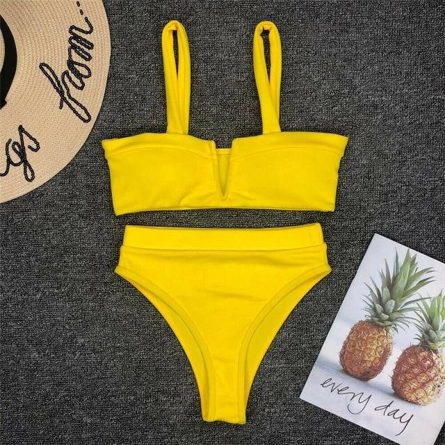 Women High Waist Two Piece Swimming Bikini Set Ladies Summer Sexy Solid Color Push Up Padded Swimsuit Beachwear Swimwear Bathing