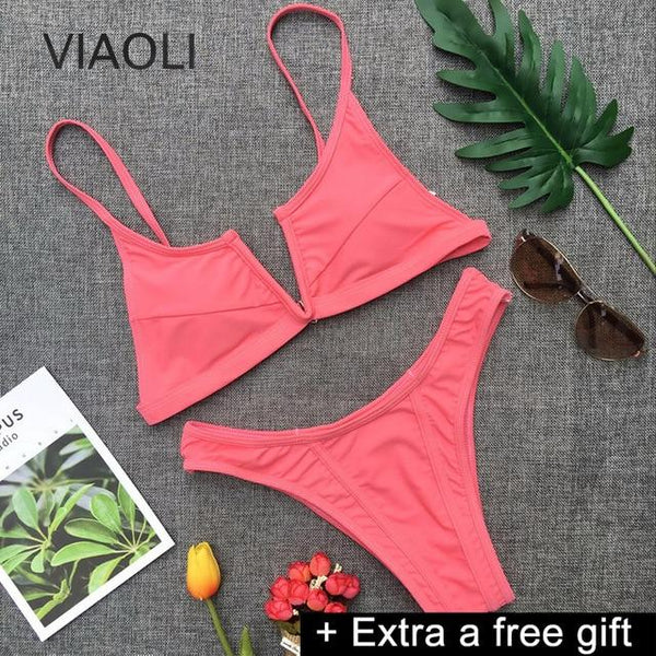 Push up Bikini mid Waist Split Swimsuit Solid Swimwear Women Female Brazilian Women's Swimming Suit Beach Bathing Suits
