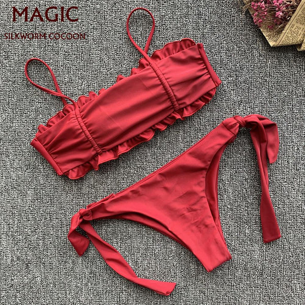 Woman Girl Low Waist Lace-up Bikini Set Two-piece Swim Suits Wine Red Solid Sexy Bathing Suit Tankini Polyester Swimming Suit