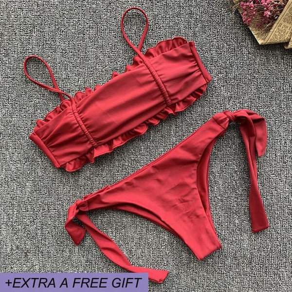 Woman Girl Low Waist Lace-up Bikini Set Two-piece Swim Suits Wine Red Solid Sexy Bathing Suit Tankini Polyester Swimming Suit