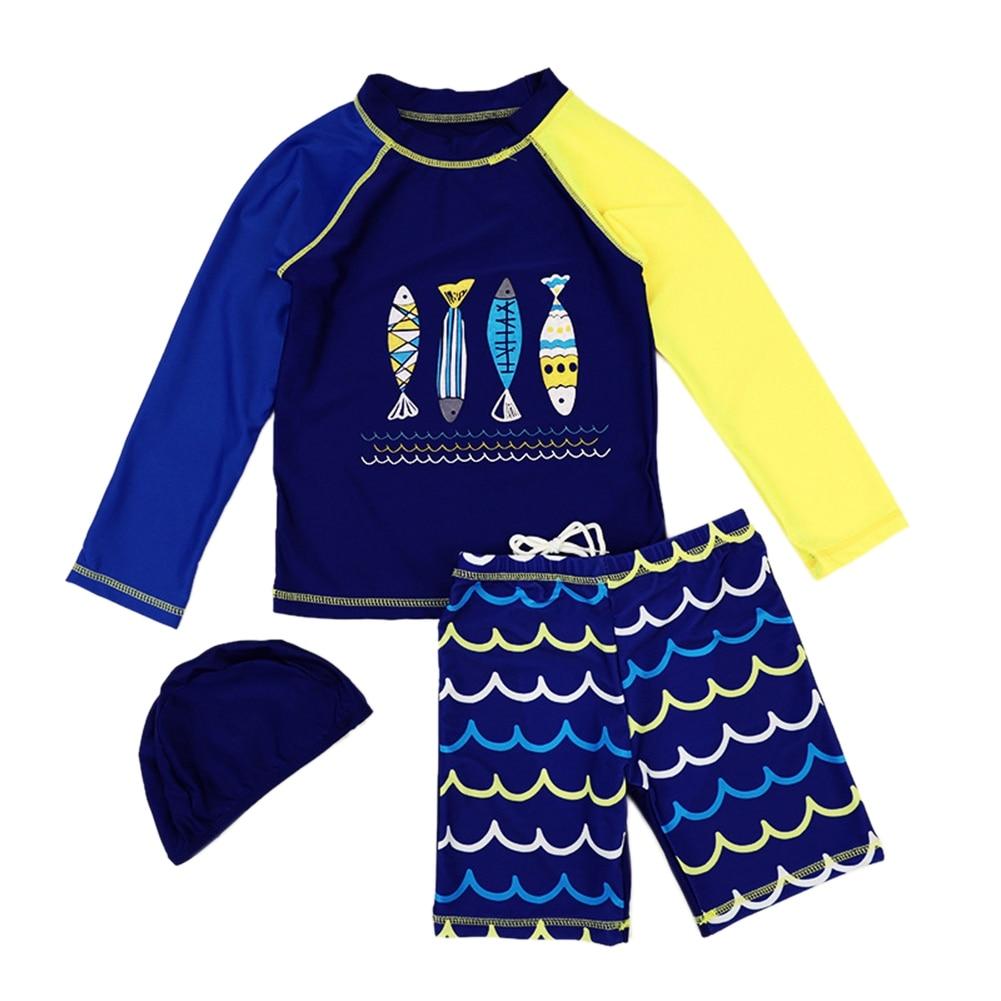 3pcs Baby Boys Swimming Suits Set Long Sleeve Shirt Shorts Cap Three Pieces Set Printed Swimwear Set Beach Surfing Swimming Suit