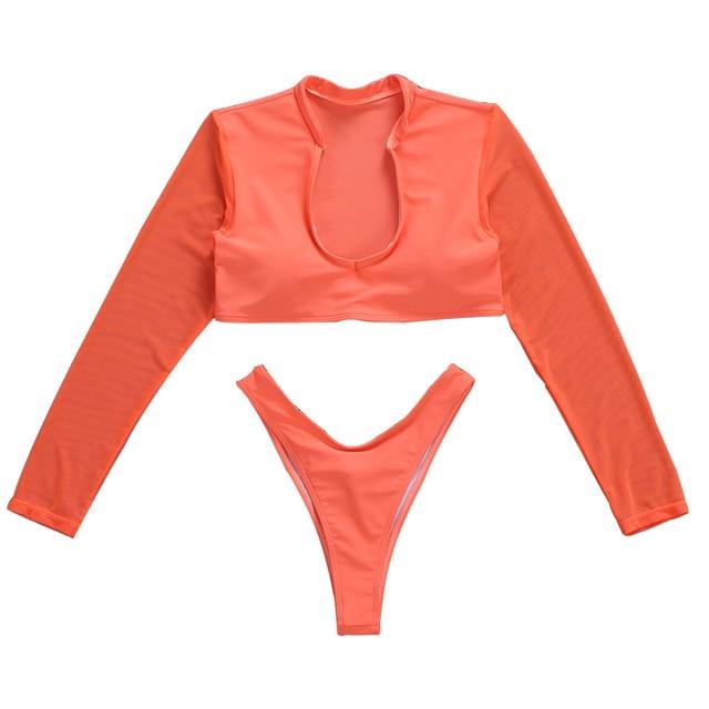 Summer Girls Women Swimwear Two Piece Holiday Solid Mesh Swimming Sexy Padded Long Sleeve Fashion Beachwear Bikini