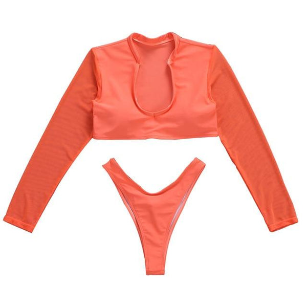 Summer Girls Women Swimwear Two Piece Holiday Solid Mesh Swimming Sexy Padded Long Sleeve Fashion Beachwear Bikini