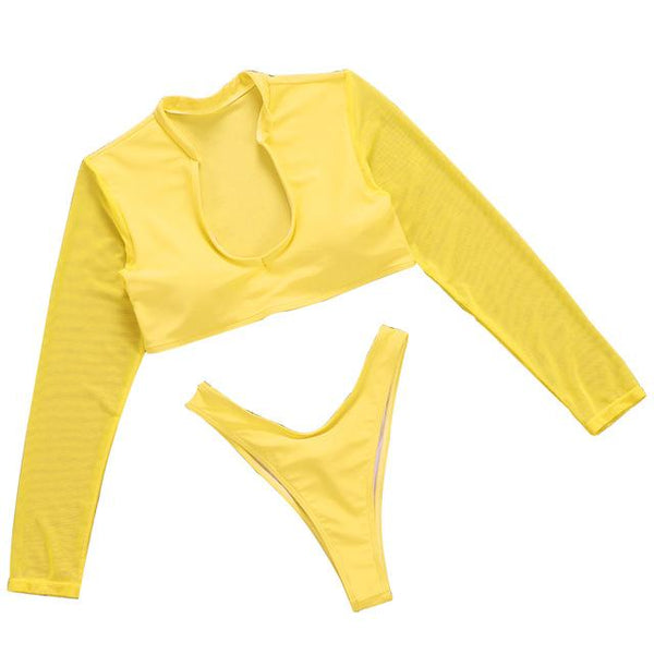 Summer Girls Women Swimwear Two Piece Holiday Solid Mesh Swimming Sexy Padded Long Sleeve Fashion Beachwear Bikini