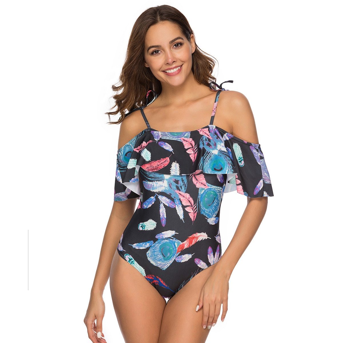 2019 women's Fashion New Beach Wear Women's Sexy Bikini Ruffle Print One Piece Halter Swimsuit Bathing Suit Pool Swim Wear