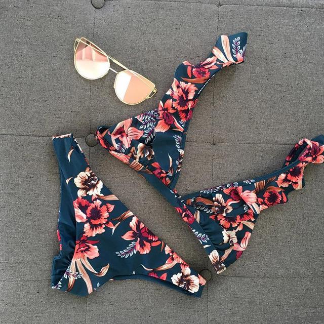 Women Floral Print Women Sexy Solid Bikini 2019 Bikini Set Swimming Two Piece Swimsuits Swimwear Beach Suit Women  *0.9
