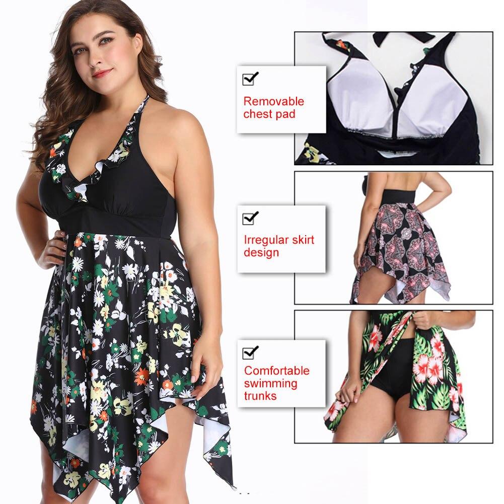 Women Swimsuits Large Printed Hem Strappy V Neck Plus Size Swimming Wear for Summer WHShopping