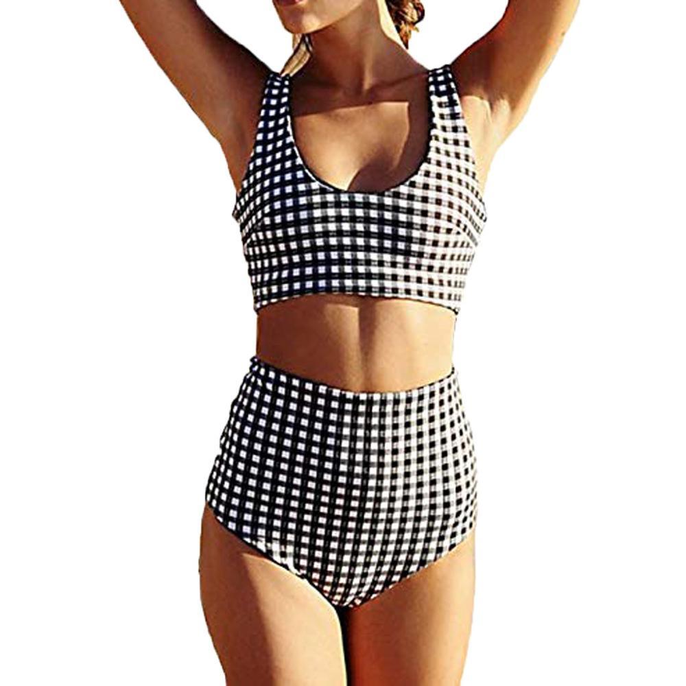 Sexy Cute Two Piece Plaid Printing Swimsuits Women Bikini Set Padded Bralette Beachwear Swimming Suit For Ladies 2019 Fashion