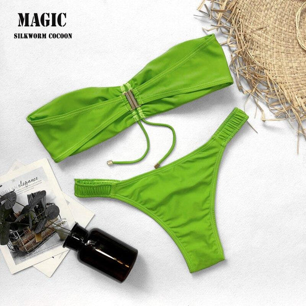 2019 New Bikini Set Solid Swimwear Women Sexy Bandeau Swimsuit Low Waist Thong Bathing Suit Beach Biquni Swimming Suit Green Red