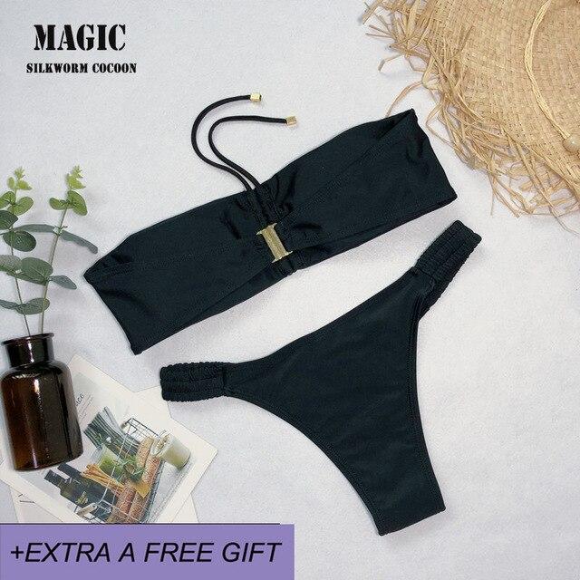2019 New Bikini Set Solid Swimwear Women Sexy Bandeau Swimsuit Low Waist Thong Bathing Suit Beach Biquni Swimming Suit Green Red
