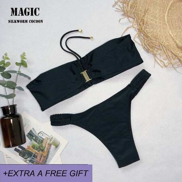 2019 New Bikini Set Solid Swimwear Women Sexy Bandeau Swimsuit Low Waist Thong Bathing Suit Beach Biquni Swimming Suit Green Red