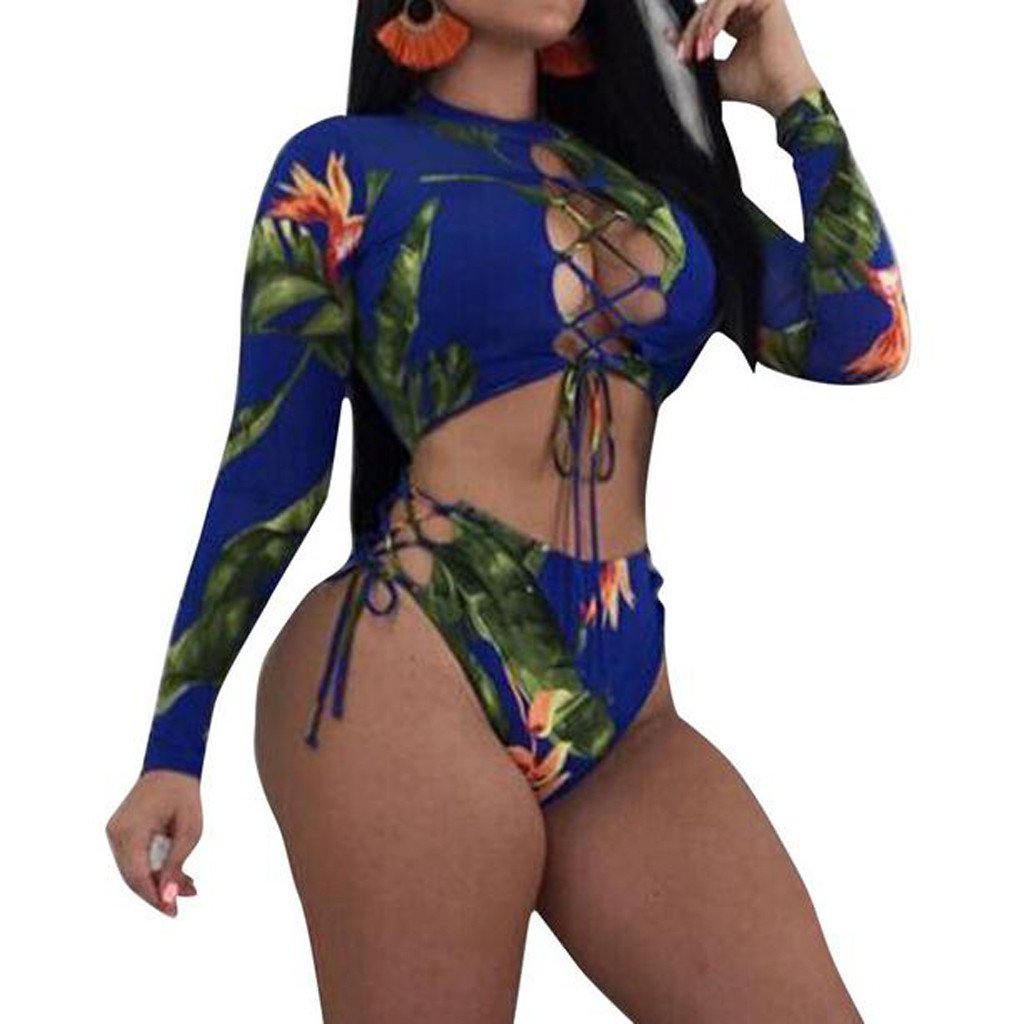 Bandage women bikinis 2019 Vintage Print Buckle Split long sleeve swimwear Swimsuit Female bathing suit Women's Swimming Suit