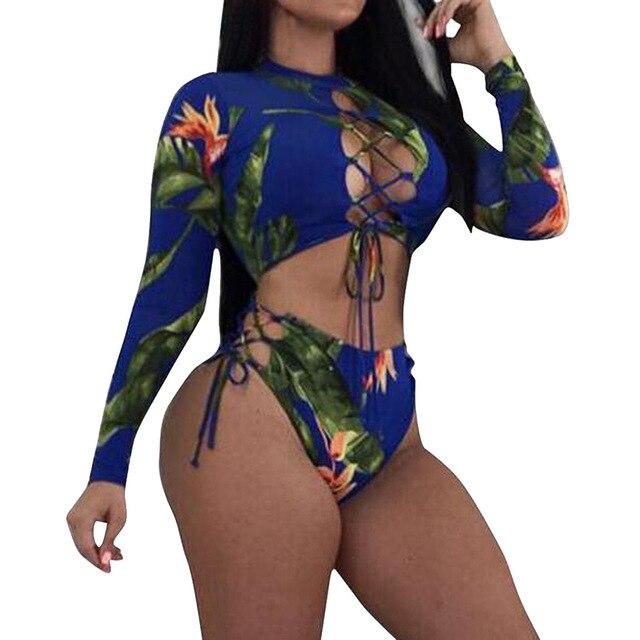 Bandage women bikinis 2019 Vintage Print Buckle Split long sleeve swimwear Swimsuit Female bathing suit Women's Swimming Suit