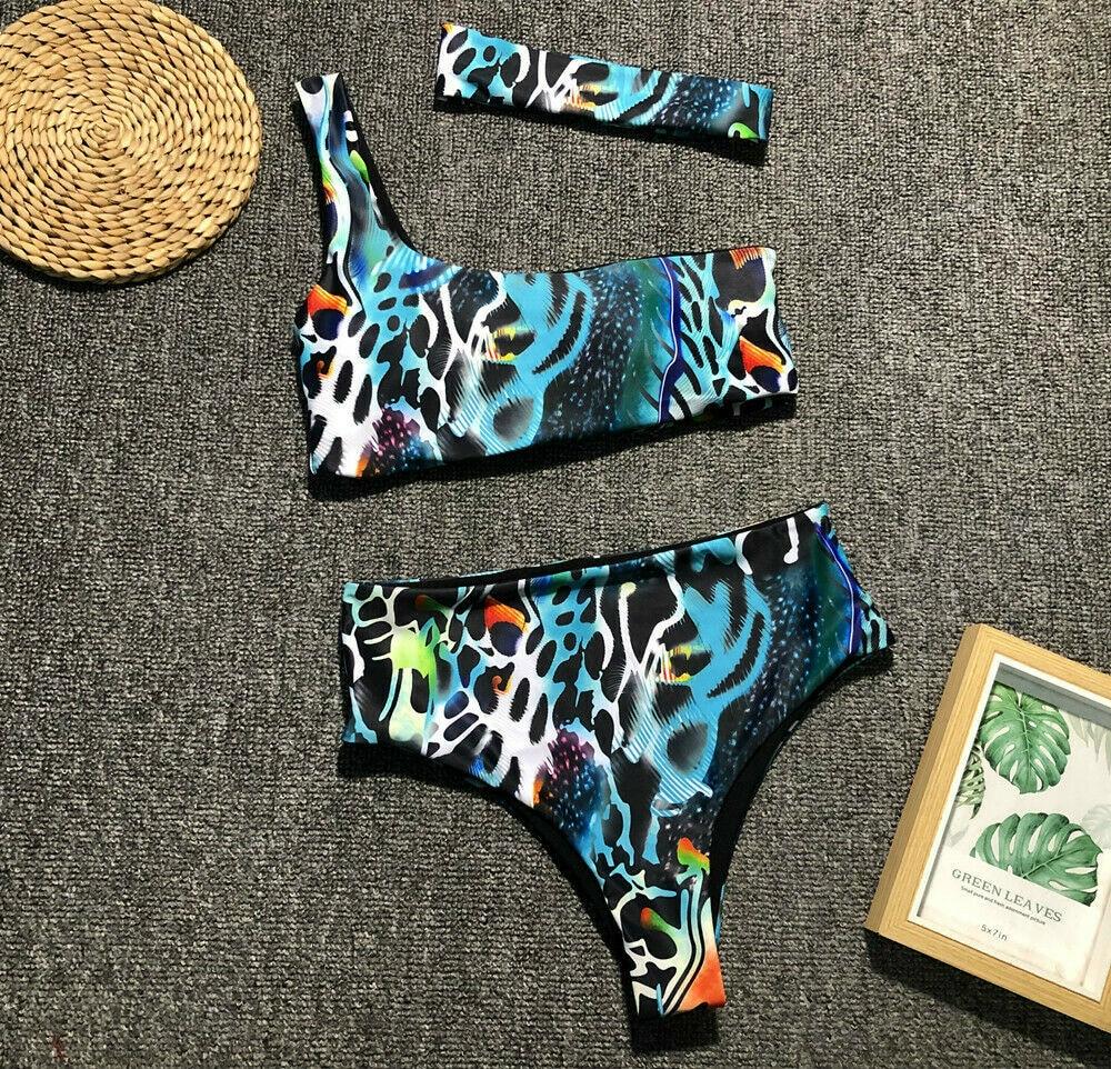 Summer Beach Leopard Print Womens Swimming Costume One Shoulder High Waist Bikini Set Swimwear Swimsuit Bathing Suit Beachwear