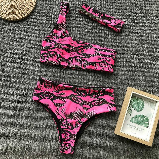Summer Beach Leopard Print Womens Swimming Costume One Shoulder High Waist Bikini Set Swimwear Swimsuit Bathing Suit Beachwear