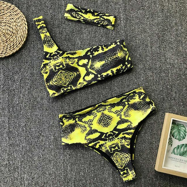 Summer Beach Leopard Print Womens Swimming Costume One Shoulder High Waist Bikini Set Swimwear Swimsuit Bathing Suit Beachwear