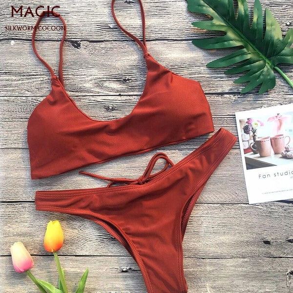 Personality fashion bottom drawstring strap women swimming suit mini thong low waist bikini set sexy solid swimwear beachwear