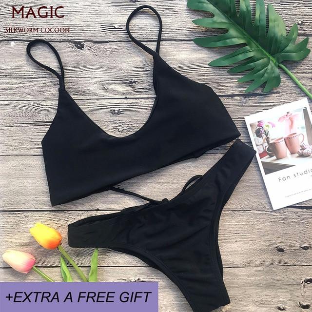 Personality fashion bottom drawstring strap women swimming suit mini thong low waist bikini set sexy solid swimwear beachwear