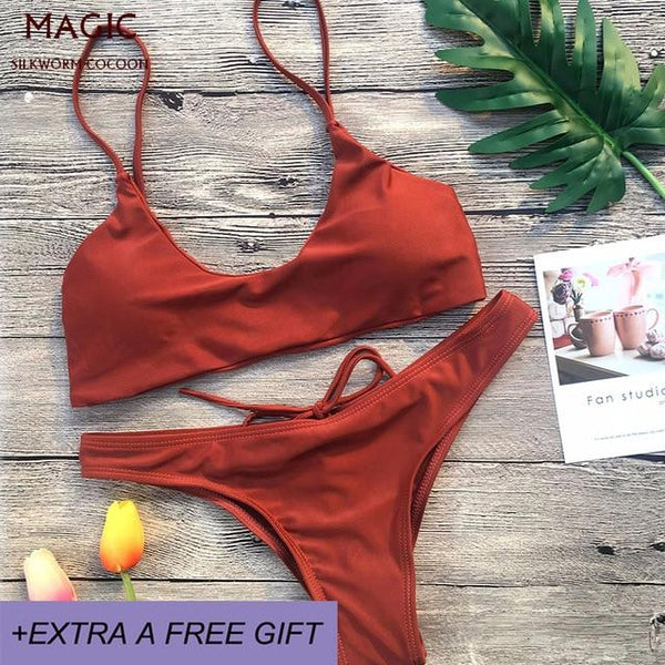 Personality fashion bottom drawstring strap women swimming suit mini thong low waist bikini set sexy solid swimwear beachwear