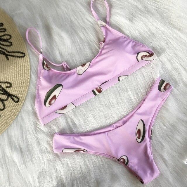 Women Bikini Suit Swimming Two Piece Suit Pink Avocado Print Padded Swimwear Fruit Lady Beach Bath Wear for Girl 2019 hot A30729