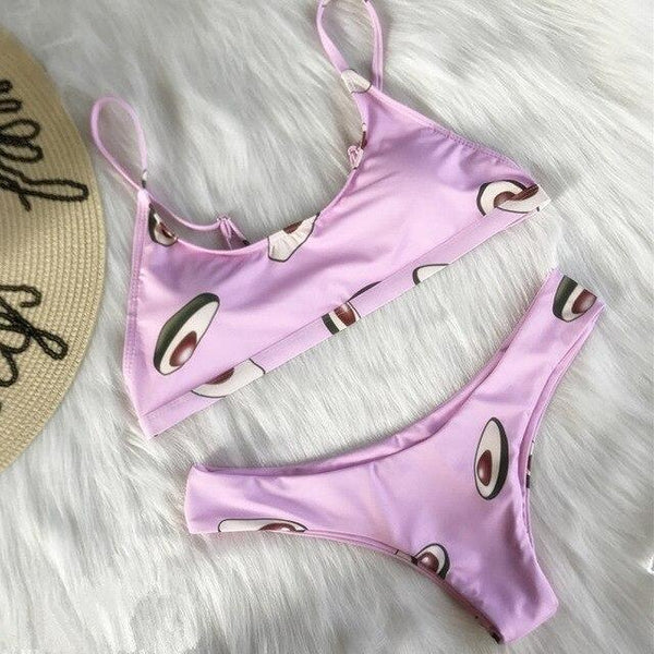 Women Bikini Suit Swimming Two Piece Suit Pink Avocado Print Padded Swimwear Fruit Lady Beach Bath Wear for Girl 2019 hot A30729